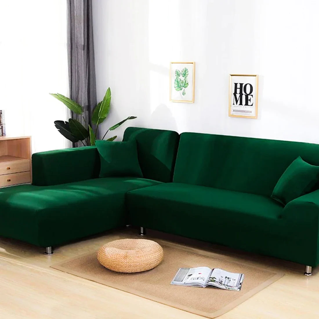 L-Shaped Jersey Sofa Cover - Dark Green