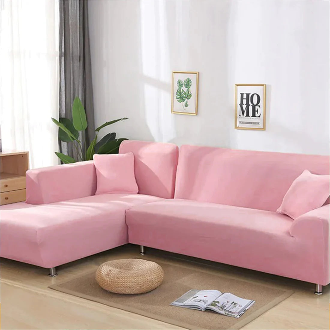 L-Shaped Jersey Sofa Cover - Tea Pink